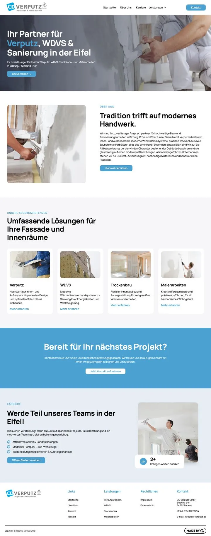 Die Startseite der CD Verputz GmbH, von oben bis zur Fußzeile