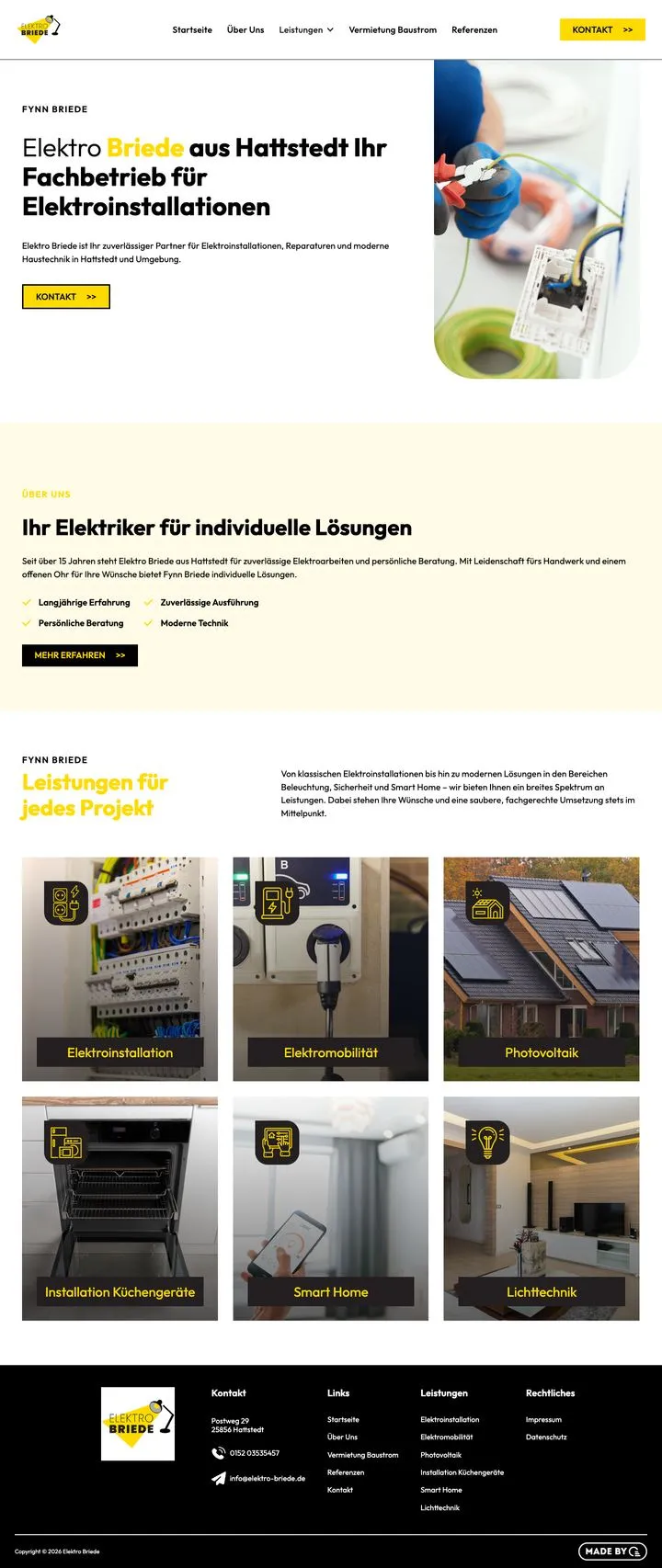Die Startseite von Elektro Briede, von oben bis zur Fußzeile