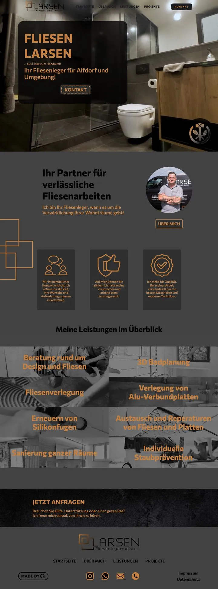 Die Startseite von Fliesen Larsen, von oben bis zur Fußzeile