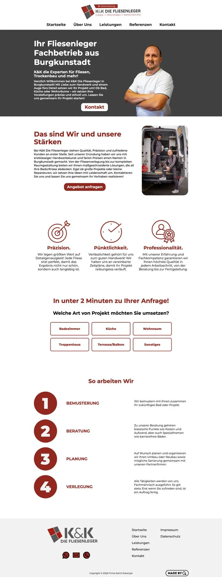 Die Startseite von K&K Die Fliesenleger, von oben bis zur Fußzeile