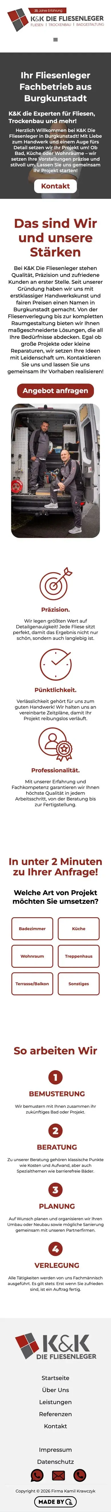 Die Website für K&K Die Fliesenleger auf dem Handy