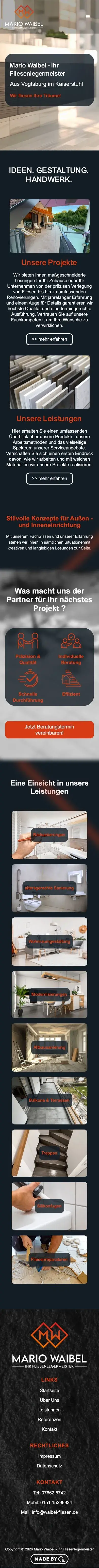 Die Website für Mario Waibel Fliesenlegermeister auf dem Handy