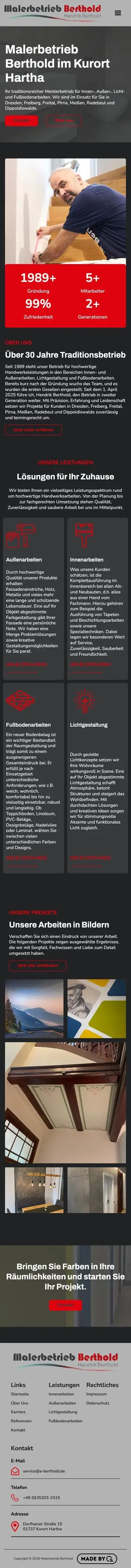 Die Website für Malerbetrieb Hendrik Berthold auf dem Handy