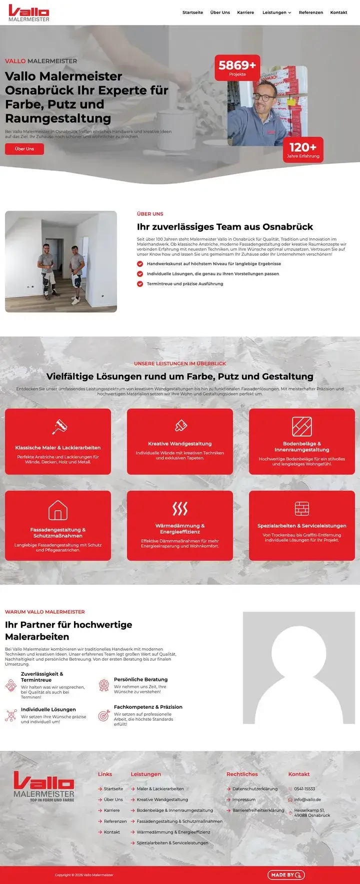 Die Startseite von Malermeister Vallo, von oben bis zur Fußzeile