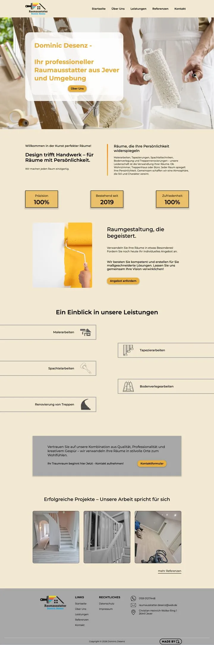 Die Startseite von Raumausstatter Dominic Desenz, von oben bis zur Fußzeile