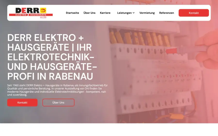 Der Kopfbereich der Website von DERR Elektro + Hausgeräte