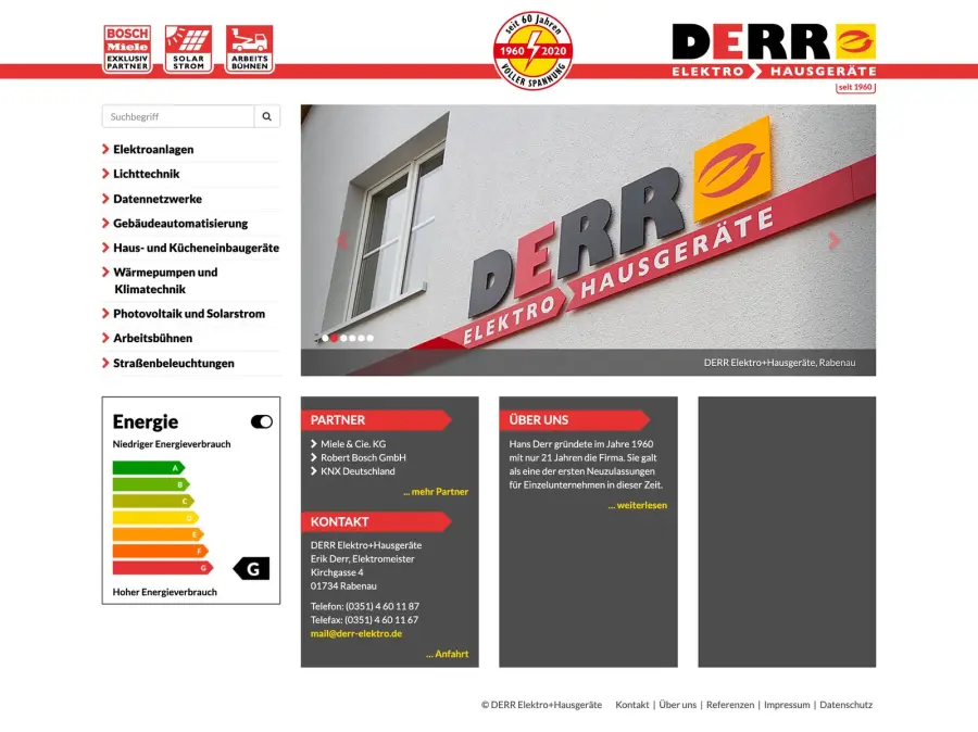 Die frühere Website von DERR Elektro + Hausgeräte mit Menüspalte und Bilderkarussell