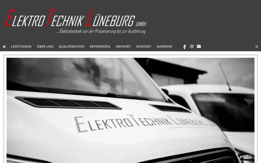 Die frühere Website der ElektroTechnik Lüneburg GmbH mit sieben Menüpunkten