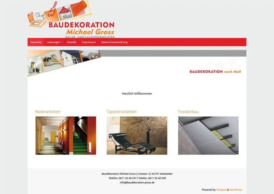 Die frühere Website von Baudekoration Michael Gross mit drei Bildern und roter Leiste