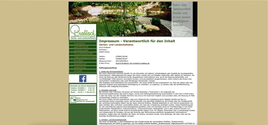 Die frühere Website von Knobloch Garten- und Landschaftsbau mit festem Rahmen und seitlichem Menü