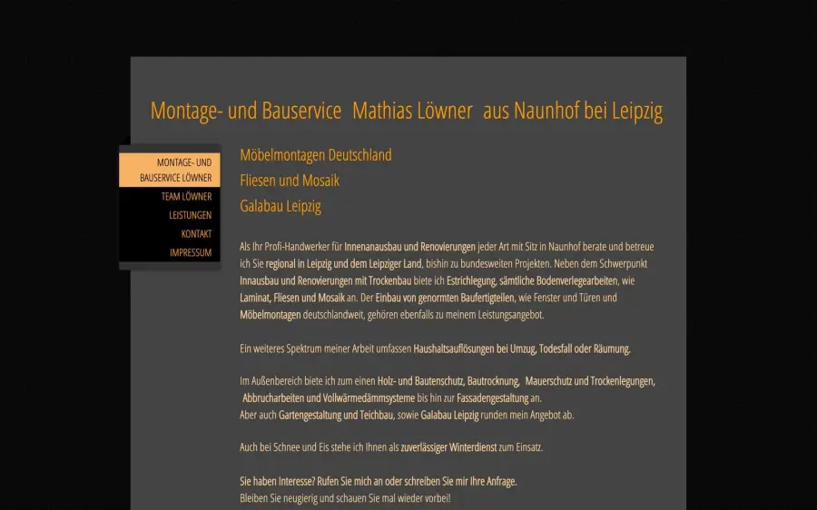 Die frühere Website von Bauservice Löwner: oranger Text auf dunkelgrauem Kasten