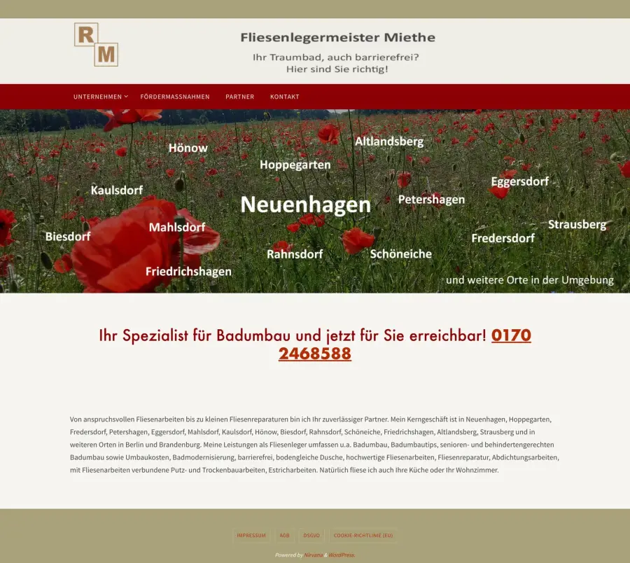 Die frühere Website von Fliesenlegermeister Miethe mit Ortsnamen über einem Mohnfeld