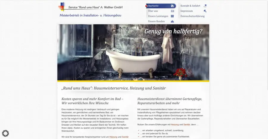 Die frühere Website von A. Walther mit Serifenschrift, Kästchenmenü und gepunktetem Hintergrund