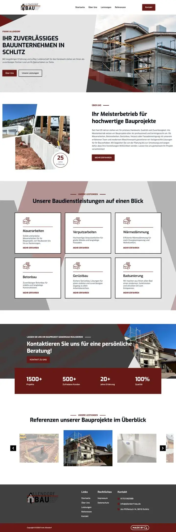 Die Startseite von Bauunternehmen Allendorf, von oben bis zur Fußzeile