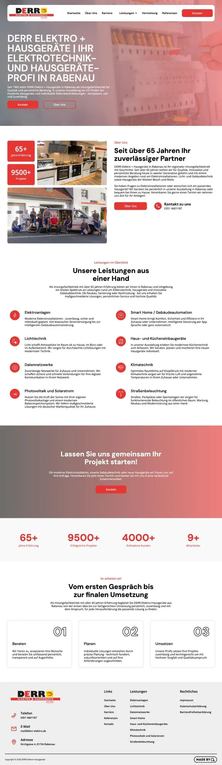 Die Startseite von DERR Elektro + Hausgeräte, von oben bis zur Fußzeile