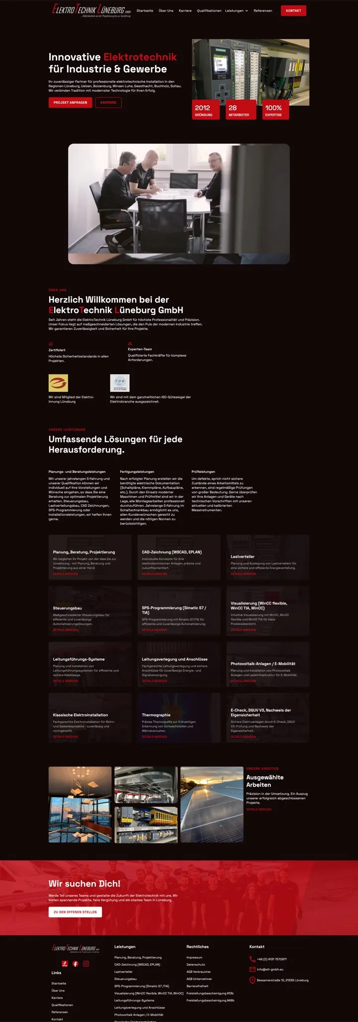 Die Startseite von ETL Elektrotechnik, von oben bis zur Fußzeile