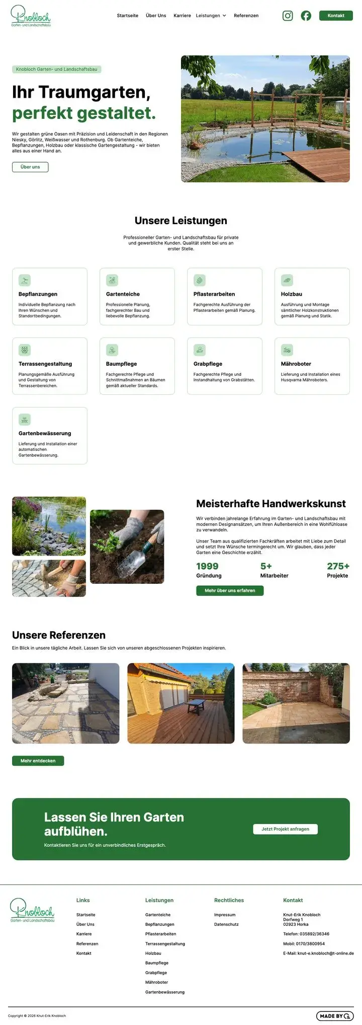 Die Startseite von Knobloch Garten- und Landschaftsbau, von oben bis zur Fußzeile